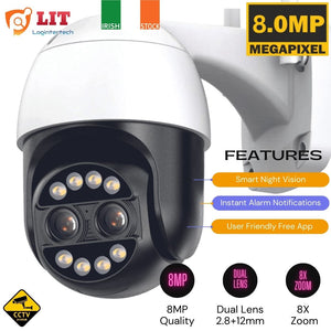 LogInterTech 8MP dual lens WiFi PTZ dome camera with 8x zoom, ideal for outdoor IP CCTV security.