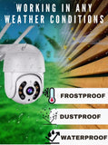 8MP smart WiFi security camera showcasing waterproof, frostproof, and dustproof features for reliable performance in all weather conditions