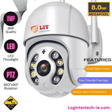 Logintertech 8MP outdoor WiFi CCTV camera with LED floodlights, 360° PTZ rotation, night vision, motion detection, and iCSee mobile app support