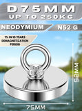 Buy D75mm neodymium fishing magnet with 250KG pulling force and 20m rope, designed for use in Ireland.