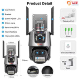 Detailed view of LogInterTech 8MP dual-lens outdoor security camera with 2.8mm–12mm zoom lens, 3.6mm wide-angle lens, dual antennas, array and white LEDs, alarm flashers, speaker, micro SD slot, and full mounting kit with waterproof accessories