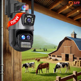 Outdoor dual-lens WiFi security camera with 8X zoom and HD recording, mounted in barn for farm surveillance, ideal for monitoring livestock, calving sheds, and rural property – LIT LogInterTech 