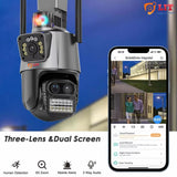Surveillance camera with a triple-lens design and infrared lights, shown alongside a smartphone displaying a live security feed with human detection. Text highlights features like “Three-Lens & Dual Screen,” human detection, 8X zoom, mobile alerts, two-way audio, and night vision capabilities.