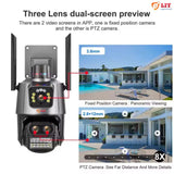 Triple-lens outdoor security camera with dual-screen app preview – fixed wide-angle panoramic lens and PTZ zoom lens (2.8–12mm) with 8X zoom for detailed and remote surveillance – LIT LogInterTech 