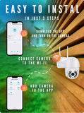 Step-by-step installation guide for the 8MP wireless security camera using the iCSee app: power on, connect to WiFi, and add the camera