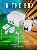 Contents of the smart 8MP PTZ camera package including full HD camera, user manual, 12V power adapter, moisture protection, and fitting screws