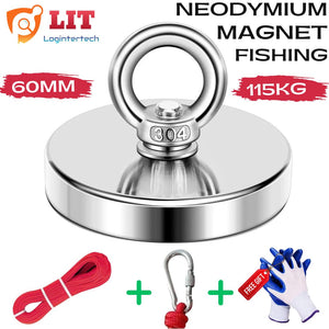 Monster Strong Fishing Magnet 115KG Pulling Force D60 Neodymium With 20m Rope.